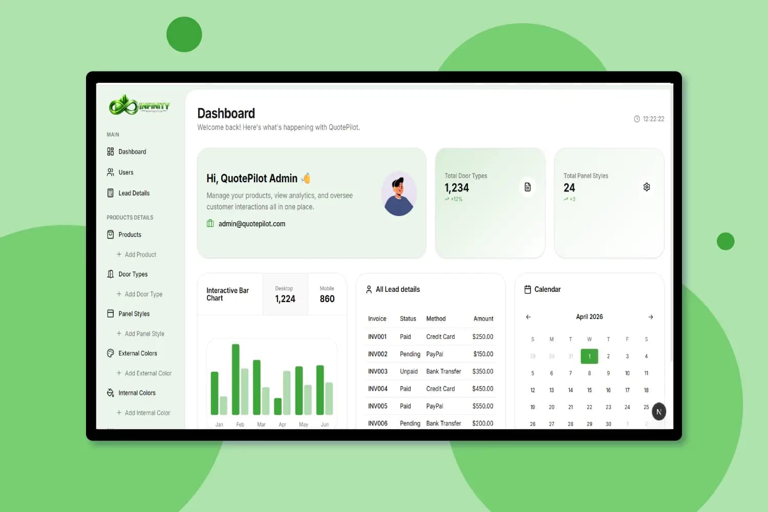 Infinity Glazing Dashboard
